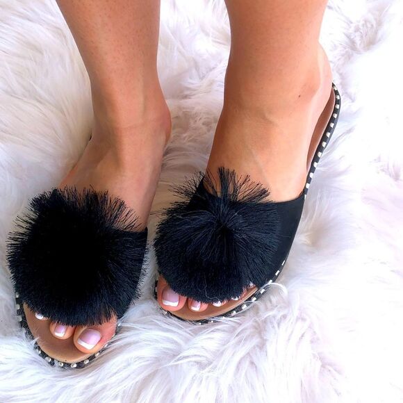 Restock! Verano Rio Poof Black Mule Slide Sandals - Picture 2 of 8